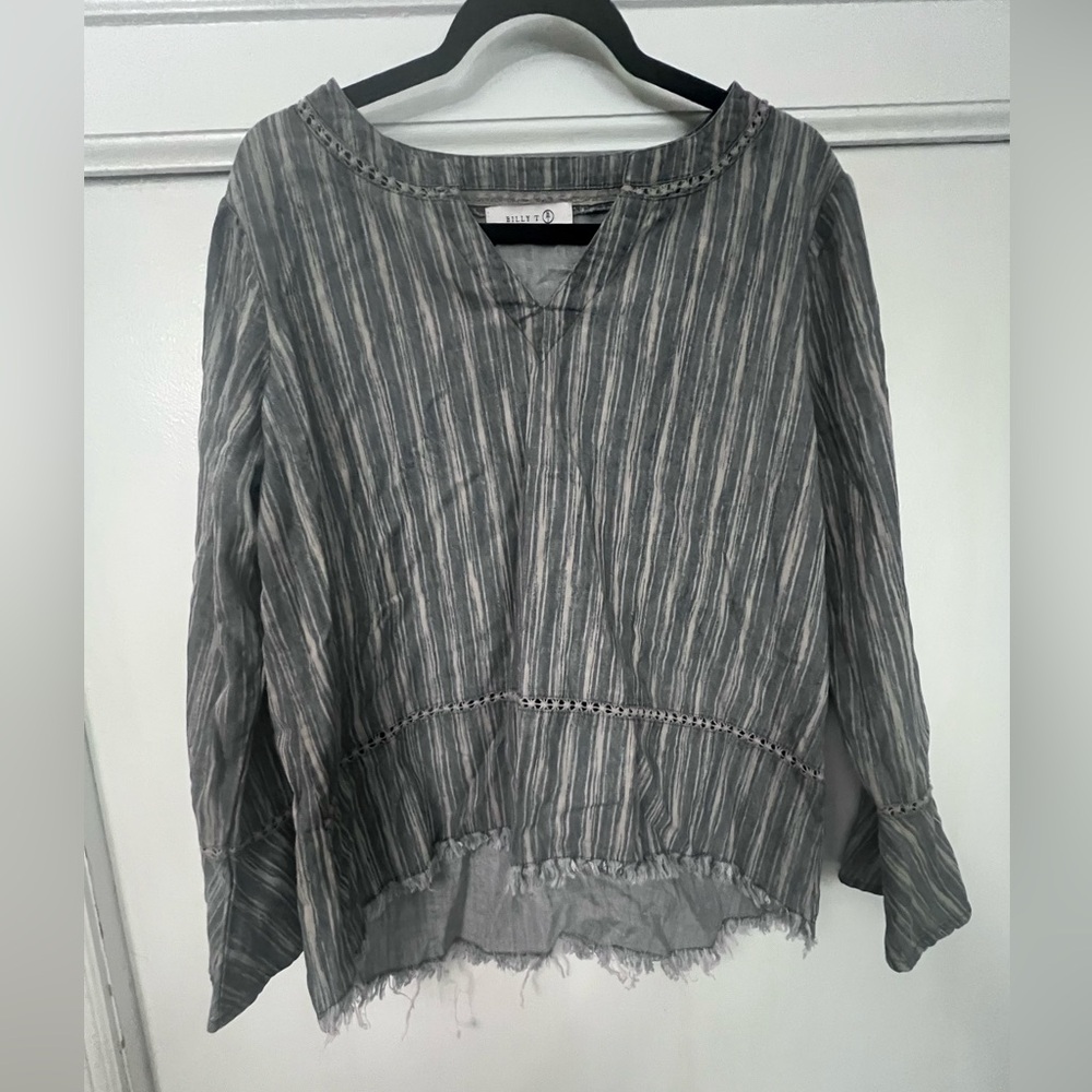 Gray Long Sleeve Boxy Blouse with Mandarin Collar